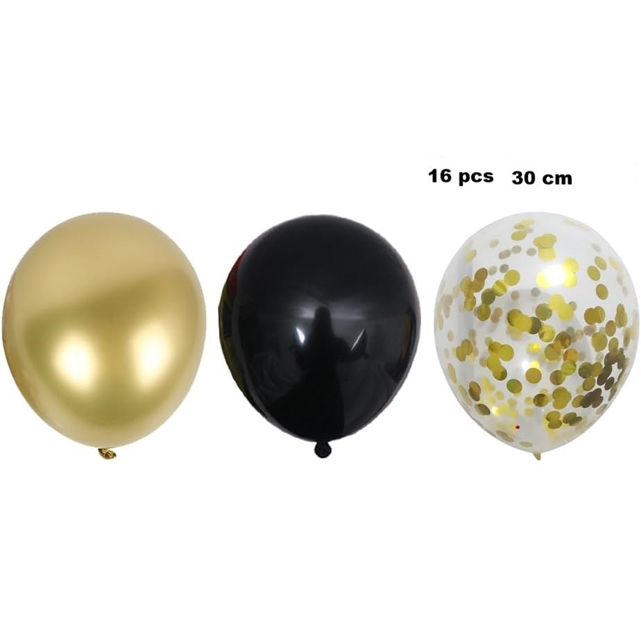 Set 16 Baloane din Latex, Vivimall, Model Party, 30 cm, Auriu, Negru, Confetti, 2.8 g - vivimall.ro