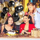 Set 16 Baloane din Latex, Vivimall, Model Party, 30 cm, Auriu, Negru, Confetti, 2.8 g - vivimall.ro