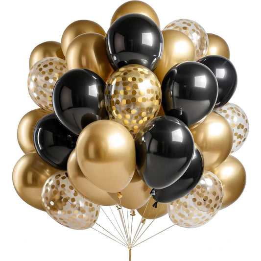 Set 16 Baloane din Latex, Vivimall, Model Party, 30 cm, Auriu, Negru, Confetti, 2.8 g - vivimall.ro