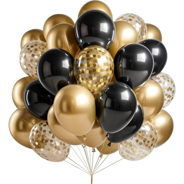 Set 16 Baloane din Latex, Vivimall, Model Party, 30 cm, Auriu, Negru, Confetti, 2.8 g - vivimall.ro
