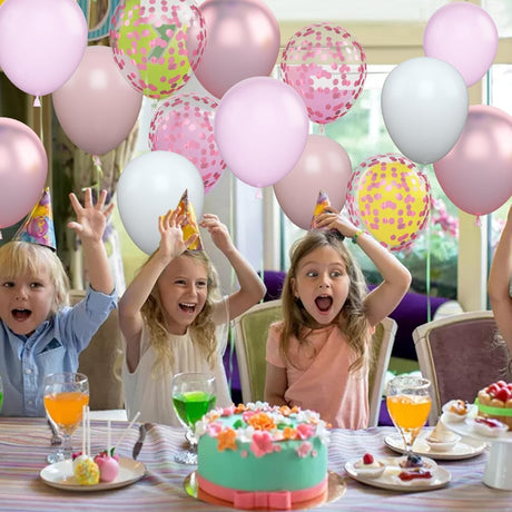 Set 16 Baloane din Latex Metalizate, Vivimall, Model Party, 30 cm, Alb, Roz, Roz Chrome, Transparent Confetti 2.8 g - vivimall.ro