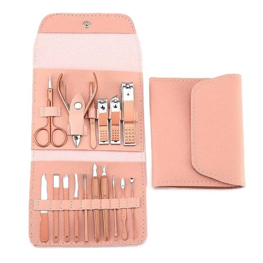 Set 16 Piese de Ingrijire Cosmetica, Vivimall, pentru Manichiura, Pedichiura, Fata, Geanta Organizatoare din Piele Ecologica Inclusa, Roz - vivimall.ro
