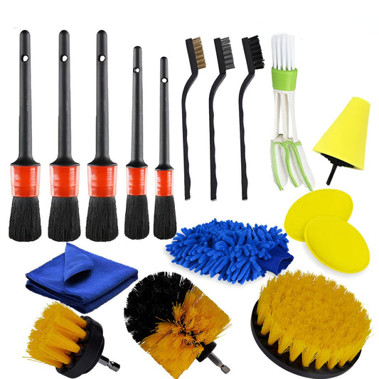 Set 17 Accesorii pentru Curatare Auto, Vivimall, Interior si Exterior, 4 Capete pentru Bormasina, 5 Pensule, 3 Perii, 1 Laveta, 1 Manusa, 1 Perie Tripla Grilaj, 2 Bureti, Multicolor - vivimall.ro