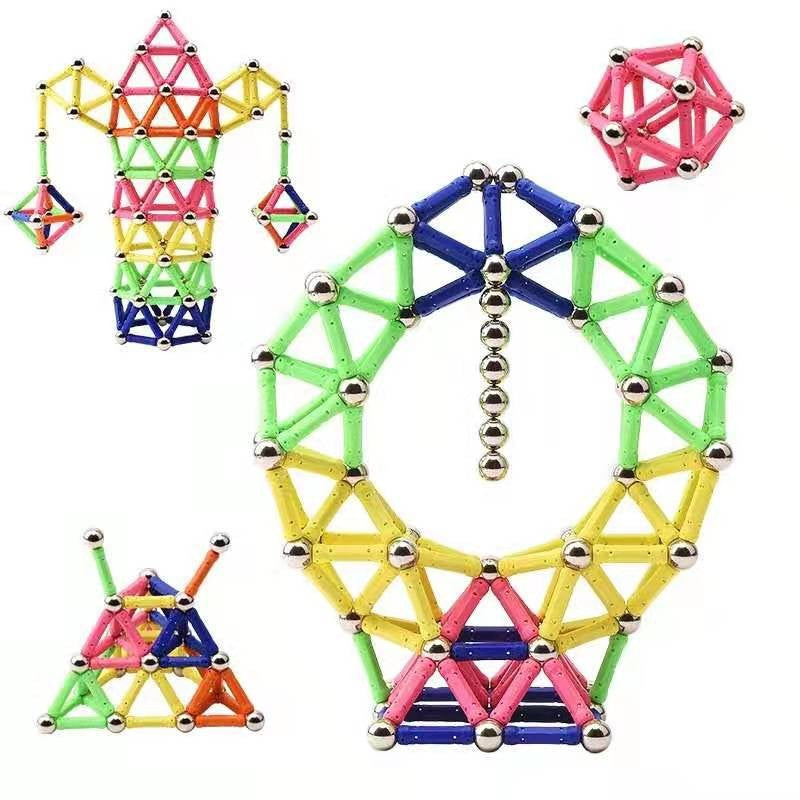 Set 178 piese bețișoare magnetice multicolor Vivimall, vedere de ansamblu a cutiei și pieselor