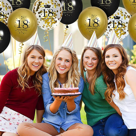 Set 18 Baloane Majorat, Vivimall, din Latex, Metalizate, Mesaj 18 Happy Birthday, 30 cm, cu Confetti, Auriu/Negru - vivimall.ro