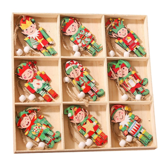 Set 18 Decoratiuni de Craciun din Lemn, Vivimall, cu Snur pentru Agatare in Brad, Model Elfi, Diferite Dimensiuni, Multicolor - vivimall.ro