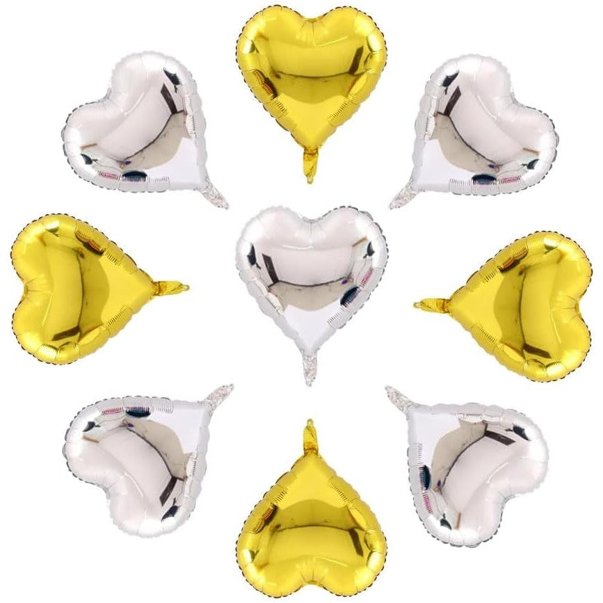Set 2 Baloane din Folie Metalizata, Vivimall, Model Inimi, Tema Ziua Indragostitilor, 45 cm, Ambalaj Individual, Pai Inclus, Umflare cu Aer sau Heliu, Argintiu/Auriu - vivimall.ro