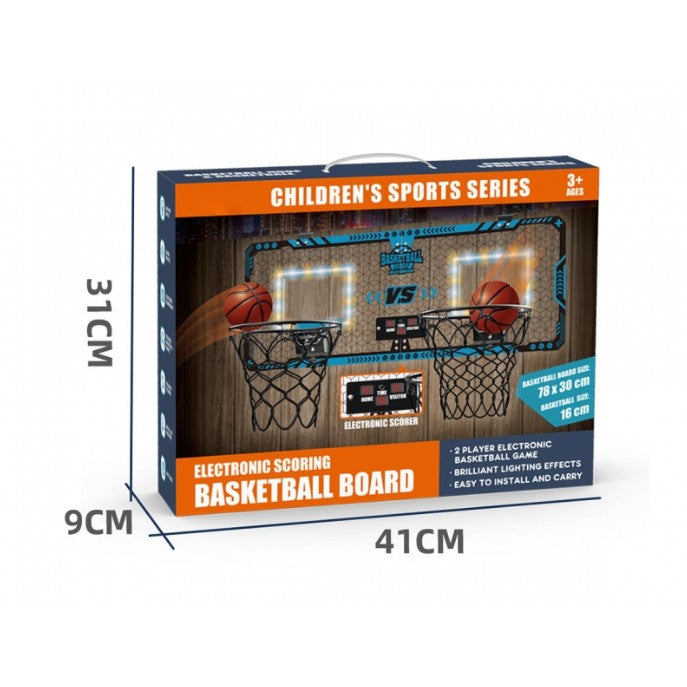 Set 2 Cosuri de Baschet pentru Copii, Vivimall, cu Tablou de Bord Electronic, Pentru 2 Jucatori, Minge, Pompa, 2 Moduri, Interior/Exterior, Inel Metalic si Rabatabil cu Arc, Luminos, 60x31x6 cm, Multicolor - vivimall.ro