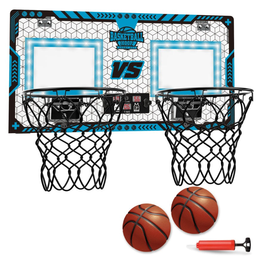 Set 2 Cosuri de Baschet pentru Copii, Vivimall, cu Tablou de Bord Electronic, Pentru 2 Jucatori, Minge, Pompa, 2 Moduri, Interior/Exterior, Inel Metalic si Rabatabil cu Arc, Luminos, 60x31x6 cm, Multicolor - vivimall.ro