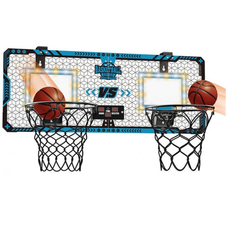 Set 2 Cosuri de Baschet pentru Copii, Vivimall, cu Tablou de Bord Electronic, Pentru 2 Jucatori, Minge, Pompa, 2 Moduri, Interior/Exterior, Inel Metalic si Rabatabil cu Arc, Luminos, 60x31x6 cm, Multicolor - vivimall.ro