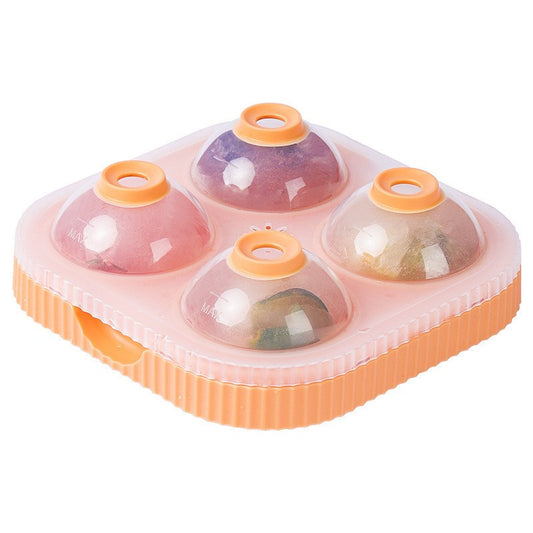 Forma Sfere de Gheata pentru Wiskey si Cocktail-uri Vivimall, 4 Sfere, Material Plastic/Silicon Alimentar, Diametru 6.5 cm, cu Orificiu Tip Palnie pentru Umplere, 17 x 17 x 7 cm, Portocaliu - vivimall.ro