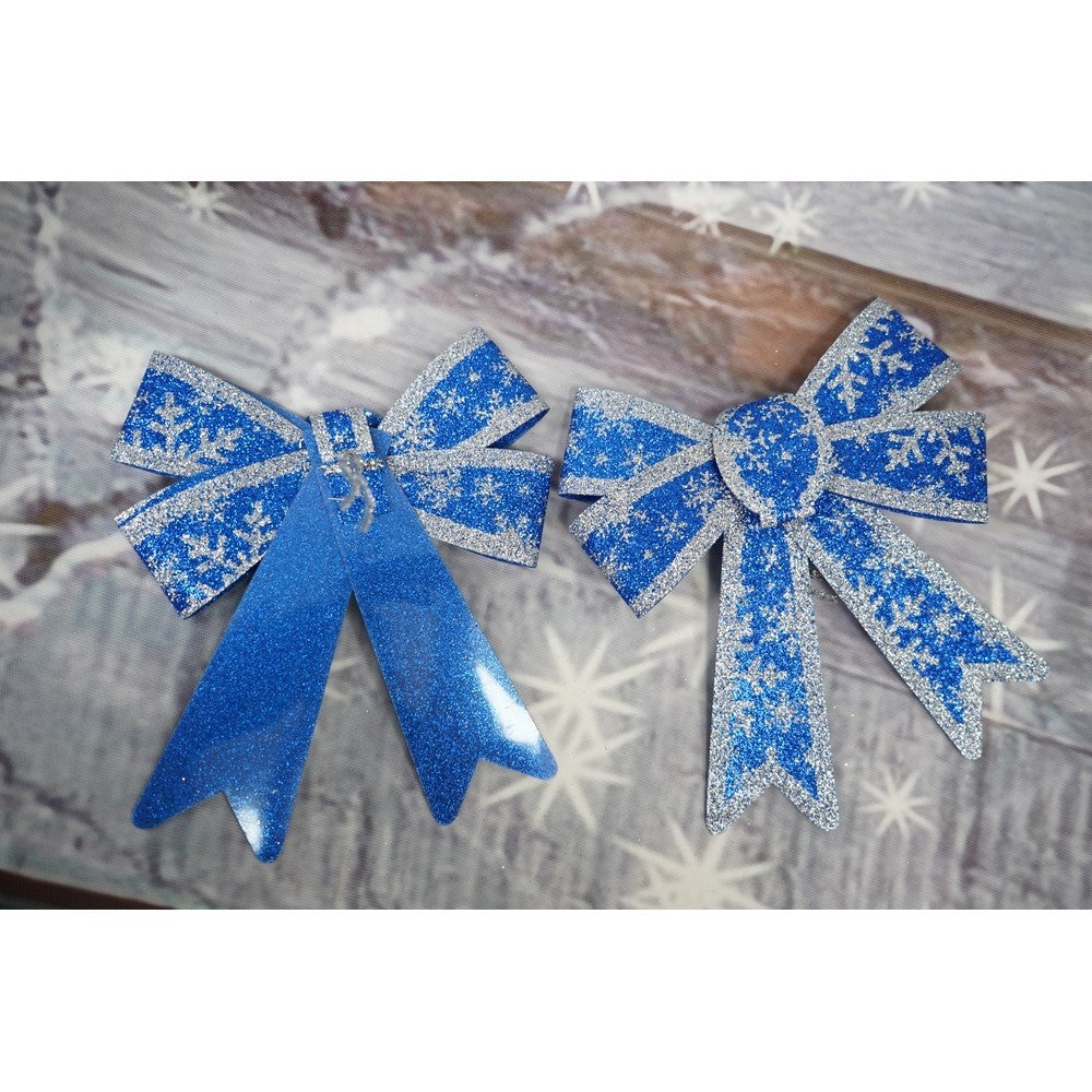 Set 2 fundite pentru brad, Albastre, model de nea, cu margini argintii, 13 x 18 cm, PVC, Flippy - vivimall.ro