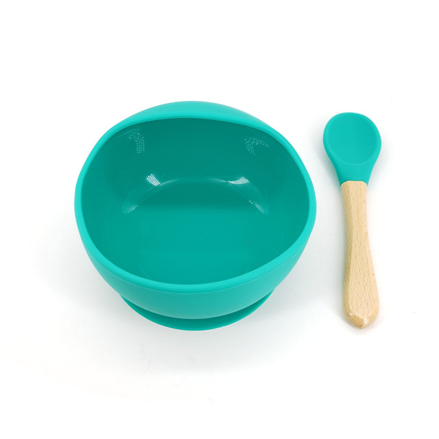 Set 2 piese diversificare bebelusi si copii din silicon Vivimall, bol cu ventuza, lingurita din lemn si silicon, pentru gustari, fara alergeni, verde - vivimall.ro