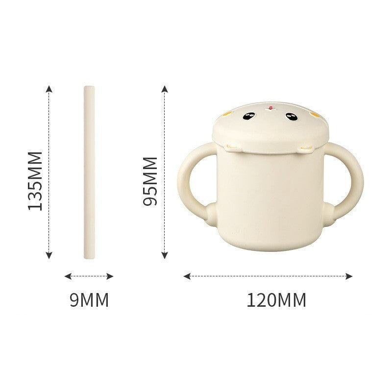 Set 2 Piese Hranire Bebelusi si Copii, Vivimall, Cana cu Capac si Pai, din Silicon, fara BPA, de la 12 Luni, Model Pisicuta, 12 x 9.5 x 11 cm, Bej - vivimall.ro