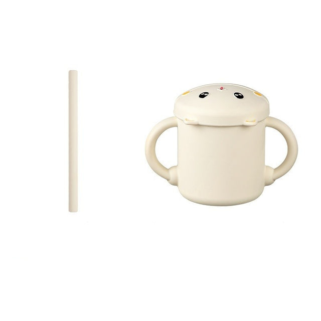 Set 2 Piese Hranire Bebelusi si Copii, Vivimall, Cana cu Capac si Pai, din Silicon, fara BPA, de la 12 Luni, Model Pisicuta, 12 x 9.5 x 11 cm, Bej - vivimall.ro