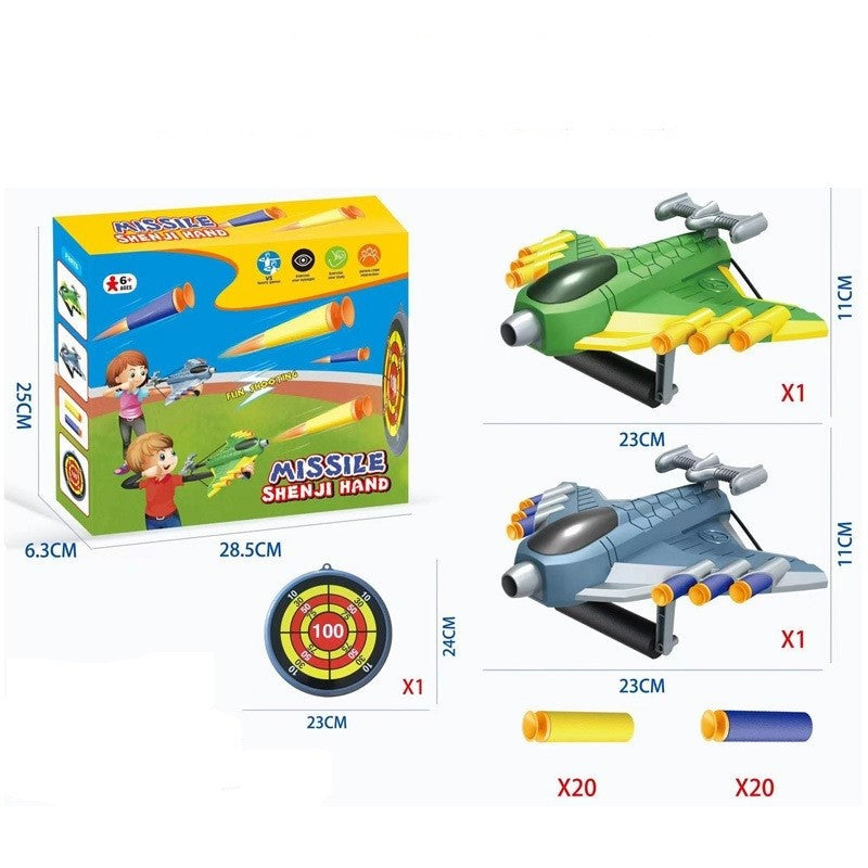 Jucaruie cu Lansator pentru Copii, Vivimall, Lanseaza Manual, Tinta, 2 Avioane, 40 de Gloante din Material Moale, Joc Interactiv, 28.5x25x6.3 cm, Gri Verde - vivimall.ro