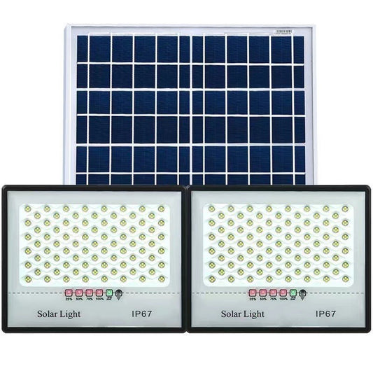 Set 2 proiectoare LED cu Panou Solar Vivimall, Senzor de miscare, Telecomanda, Waterproof, 200 LED-uri incorporate, 65W, 24x18 cm, IP67, Design Modern, Negru - vivimall.ro