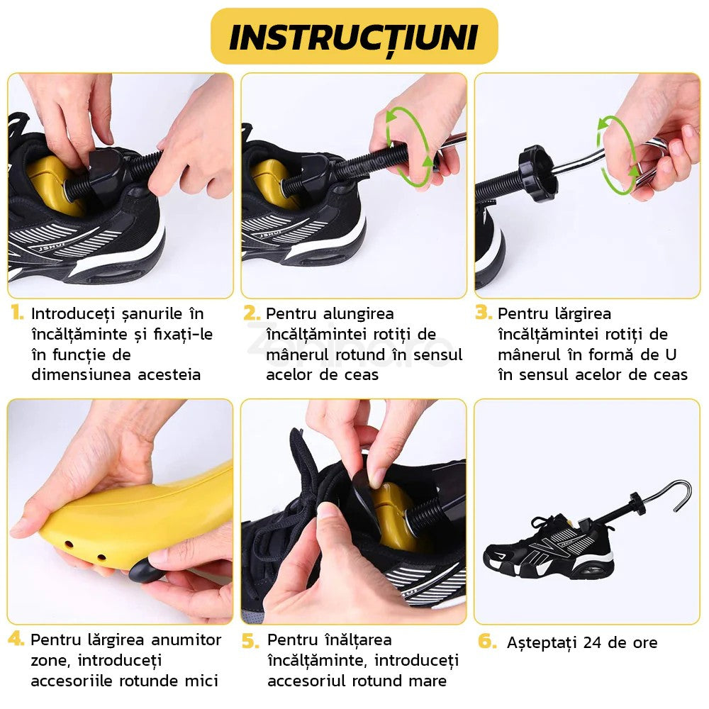 Set 2 Sanuri/Calapoade Reglabilile, Flippy, pentru Alungit si Largit Pantofi, Geanta si Incaltator Incluse, Universale, Unisex, din ABS Premium, Arc, Marime 40 - 47, Galben/Negru - vivimall.ro