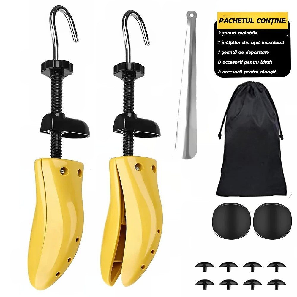 Set 2 Sanuri/Calapoade Reglabilile, Flippy, pentru Alungit si Largit Pantofi, Geanta si Incaltator Incluse, Universale, Unisex, din ABS Premium, Arc, Marime 35 - 42, Galben/Negru - vivimall.ro