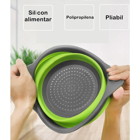 Set 2 strecuratori pliabile din silicon alimentar Vivimall, cu manere, fund antiaderent si antialunecare, rotunda, doua dimensiuni, usor de depozitat, compatibil cu masina de spalat vase, verde - vivimall.ro