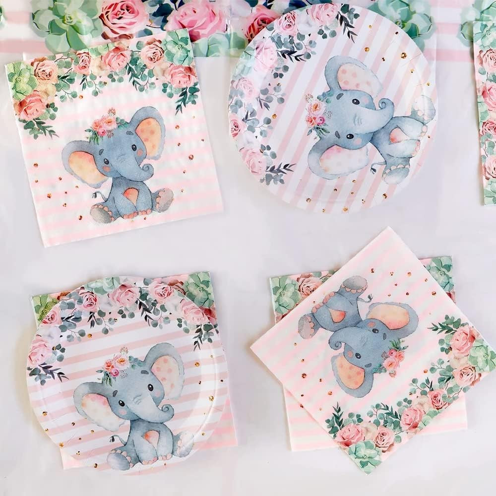 Set 20 de Servetele de Masa, Vivimall, Imprimeu Elefant, din Hartie, 16.5 x 16.5 cm, Roz - vivimall.ro