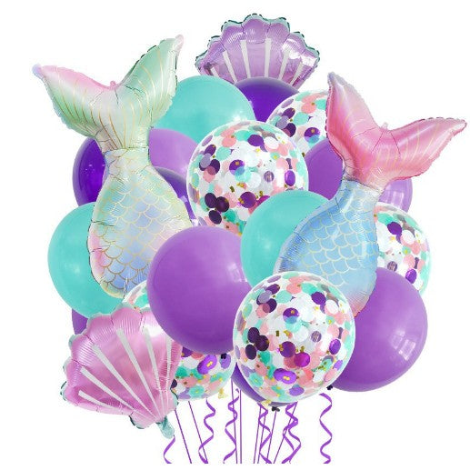 Aqua Sellő Dekoratív Lufik, Vegyes Készlet 22 Lufi, Alufólia, 2 Sellő, 2 Kagyló, 18 Latex Lufi, Ragasztó és Szalma Tartalmazza, Lila