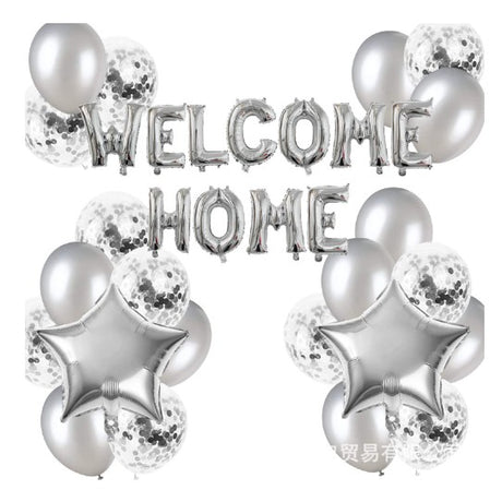 Set baloane folie si latex, Vivimall, WELCOME HOME, 22 de piese, 20 baloane latex, 2 baloane stea Folie, 1 set Welcome Home, Argintiu - vivimall.ro