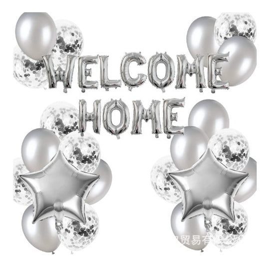 Set baloane folie si latex, Vivimall, WELCOME HOME, 22 de piese, 20 baloane latex, 2 baloane stea Folie, 1 set Welcome Home, Argintiu - vivimall.ro