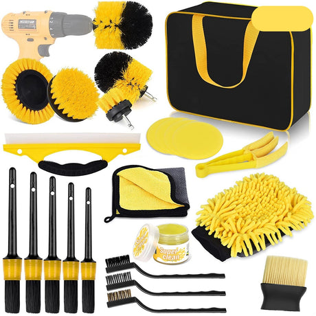 Set 23 Accesorii pentru Curatare Auto, Vivimall, din PP si Microfibra, Interior/Exterior, 30 x 24 x 12 cm, Galben/Negru - vivimall.ro
