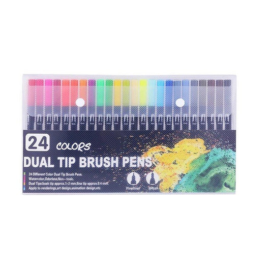 Set 24 Carioci, Vivimall, pe Baza de Apa, 2 Tipuri de Varf, 1-2 mm, 0.4 mm, Corp Carioca Negru, din Plastic, Multicolor - vivimall.ro