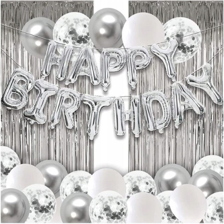 Set 24 de baloane folie si latex, 10 baloane latex simple, 10 bloane latex cu paiete, 4 baloane folie, ribon, 1x2 m perdea, Argintiu - vivimall.ro