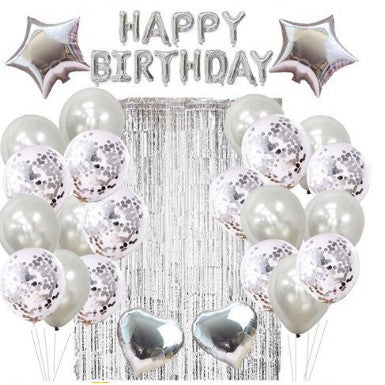 Set 24 de baloane folie si latex, 10 baloane latex simple, 10 bloane latex cu paiete, 4 baloane folie, ribon, 1x2 m perdea, Argintiu - vivimall.ro