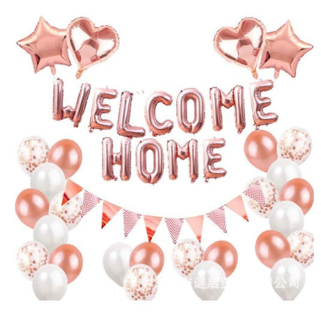 Set baloane folie si latex, Vivimall, WELCOME HOME, 24 de piese, 20 baloane latex, 4 baloane stea Folie, 1 set Welcome Home, Rose gold metal - vivimall.ro