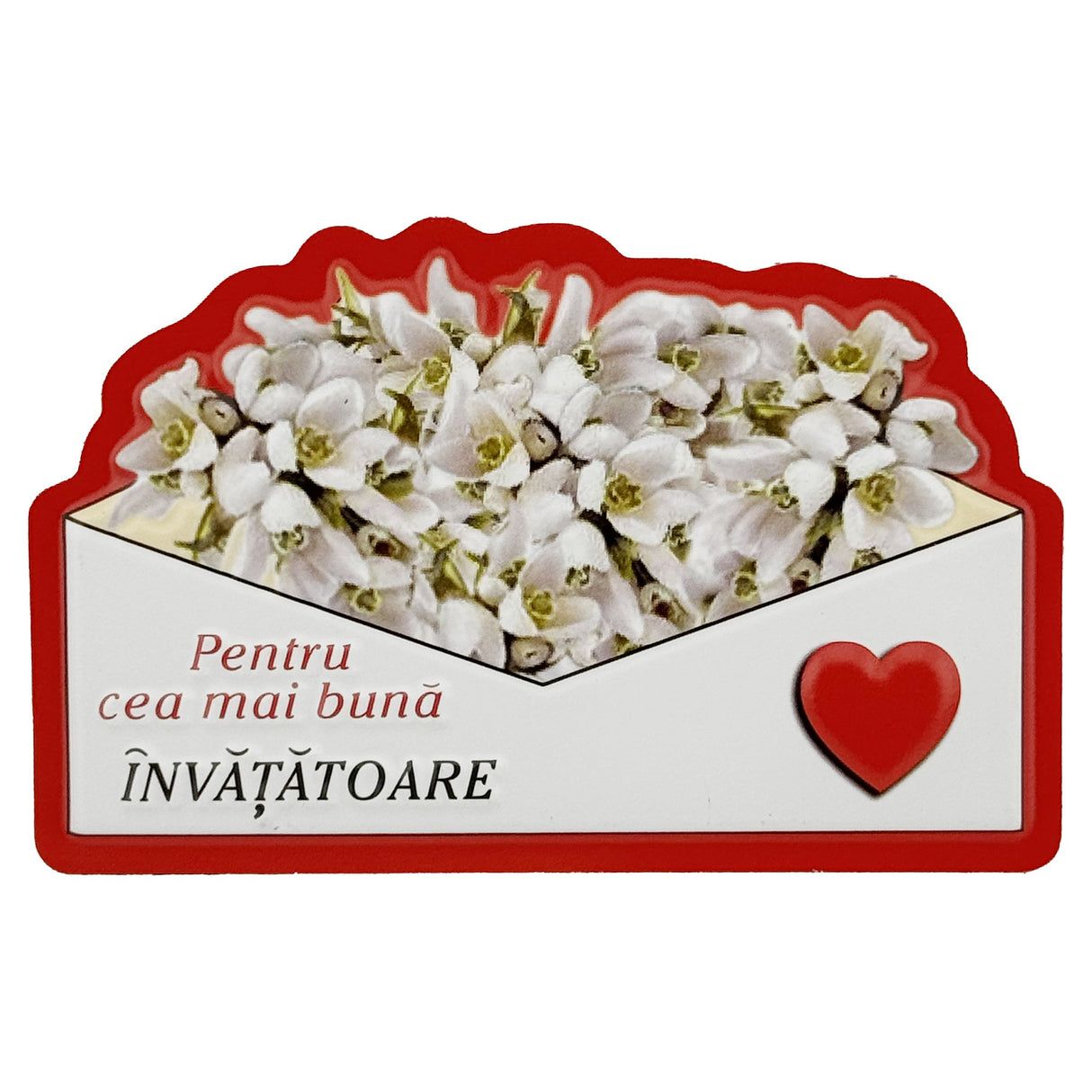 Set 24 mărțișoare magnet frigider Flippy pentru învățătoare, model floral alb-roșu, 10x6 cm, vedere frontală