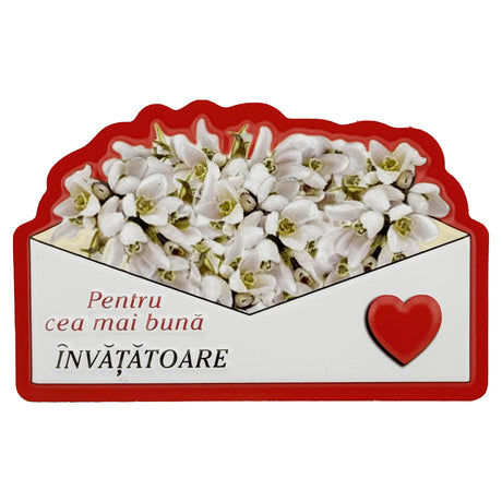 Set 24 mărțișoare magnet frigider Flippy pentru învățătoare, model floral alb-roșu, 10x6 cm, vedere frontală
