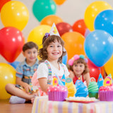 Set 25 Baloane din Latex, Vivimall, Model Party, 4x Albastru, 4x Verde, 4x Rosu, 4x Galben, 4x Mov, 5x Portocaliu, 23 cm, 1.4 g - vivimall.ro