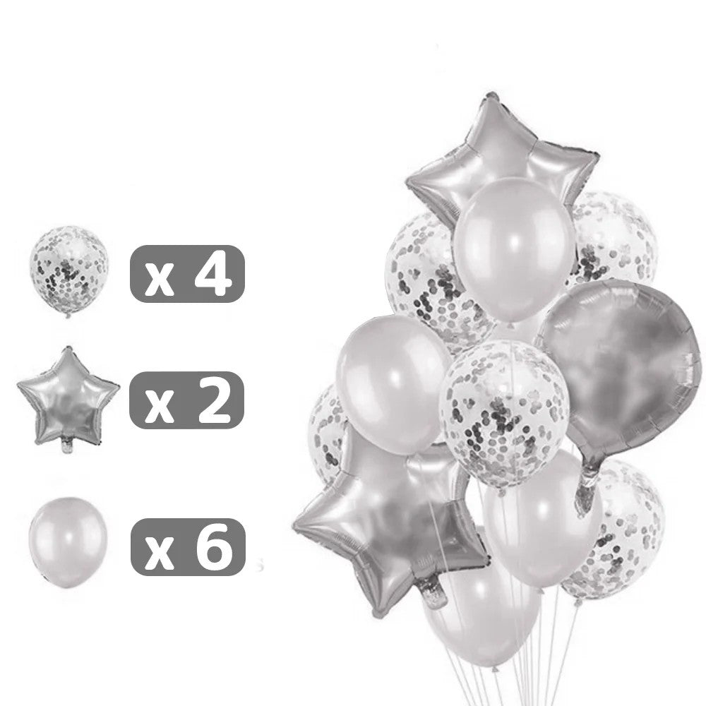 25 db-os metálfólia és latex lufi készlet, 2 csillagfigura, 4 konfetti lufi, 13 betű, 6 latex, boldog születésnapot modell, évfordulós téma, 40 cm, egyenként csomagolva, szívószállal, felfújható levegővel vagy héliummal