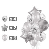 25 db-os metálfólia és latex lufi készlet, 2 csillagfigura, 4 konfetti lufi, 13 betű, 6 latex, boldog születésnapot modell, évfordulós téma, 40 cm, egyenként csomagolva, szívószállal, felfújható levegővel vagy héliummal