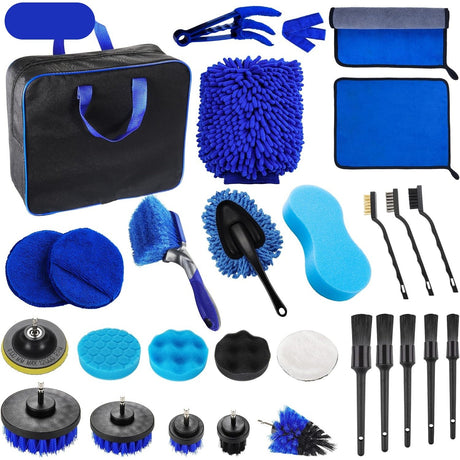 Set 29 Accesorii pentru Curatare Auto, Vivimall, din PP si Microfibra, Interior/Exterior, 30 x 24 x 12 cm, Albastru/Negru - vivimall.ro