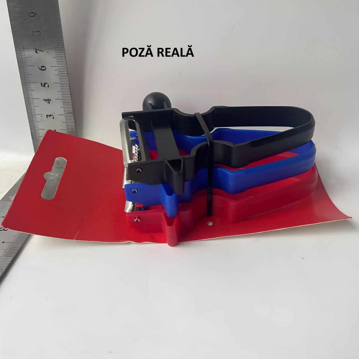 Set 3 Accesorii de Decojire, Razuire si Feliere, Vivimall, pentru Legume si Fructe, Negru-Rosu-Albastru - vivimall.ro