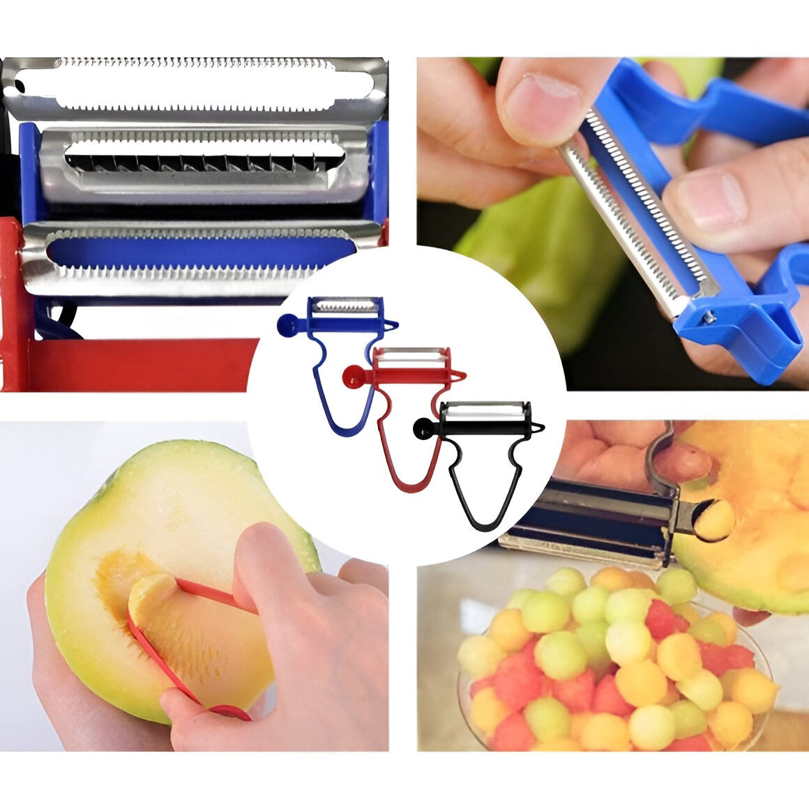 Set 3 Accesorii de Decojire, Razuire si Feliere, Vivimall, pentru Legume si Fructe, Negru-Rosu-Albastru - vivimall.ro