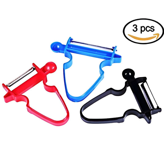 Set 3 Accesorii de Decojire, Razuire si Feliere, Vivimall, pentru Legume si Fructe, Negru-Rosu-Albastru - vivimall.ro