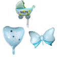 Set 3 baloane folie metalizată botez băiat, figurine cărucior, inimă și fundițã, 45 cm, albastru – vedere de ansamblu