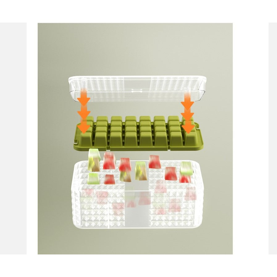 Set 3 forme pentru gheata si o caserola pentru depozitare Vivimall, 96 de cuburi, verde - vivimall.ro