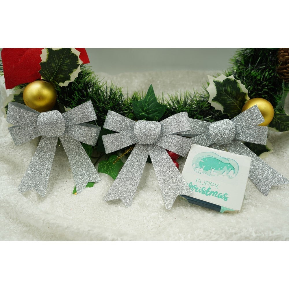 Set 3 fundite pentru brad, Argintii, cu sclipici, 10 x 11 cm, din poliester, Vivimall - vivimall.ro