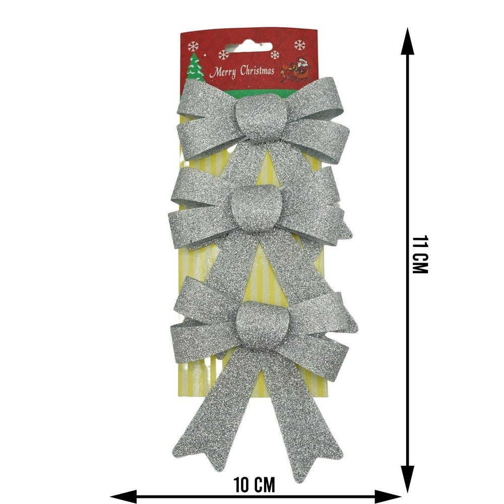 Set 3 fundite pentru brad, Argintii, cu sclipici, 10 x 11 cm, din poliester, Vivimall - vivimall.ro