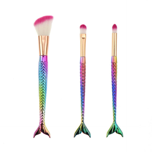 Set 3 Pensule pentru Machiaj Vivimall, in Forma de Sirena, Electroplacate, Detalii Fine, Maner Ergonomic, Peri din Fibra Moale, Multicolor - vivimall.ro