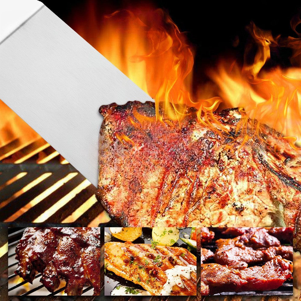 Set 3 spatule pentru gratar Vivimall, din metal, margini subtiri, suprafata antiaderenta, rezistente la temperaturi ridicate, maner ergonomic din lemn, 3 forme, agatatoare, gri - vivimall.ro