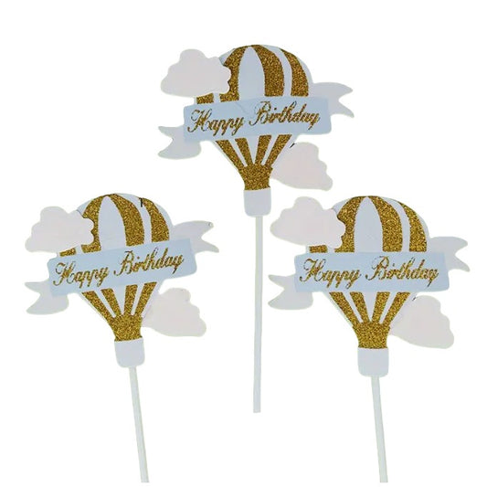 Set 3 Toppere pentru Tort, Vivimall, Model Balon cu Aer Cald Happy Birthday, Tematica Aniversare, Albastru - vivimall.ro