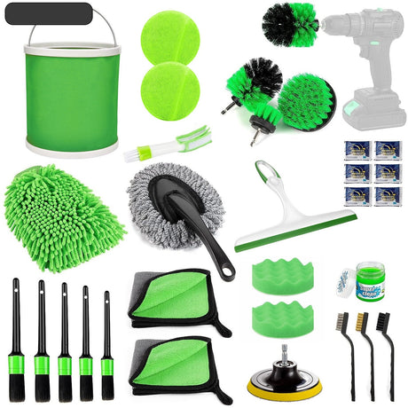 Set 30 Accesorii pentru Curatare Auto, Vivimall, din PP si Microfibra, Interior/Exterior, 30 x 24 x 12 cm, Verde - vivimall.ro